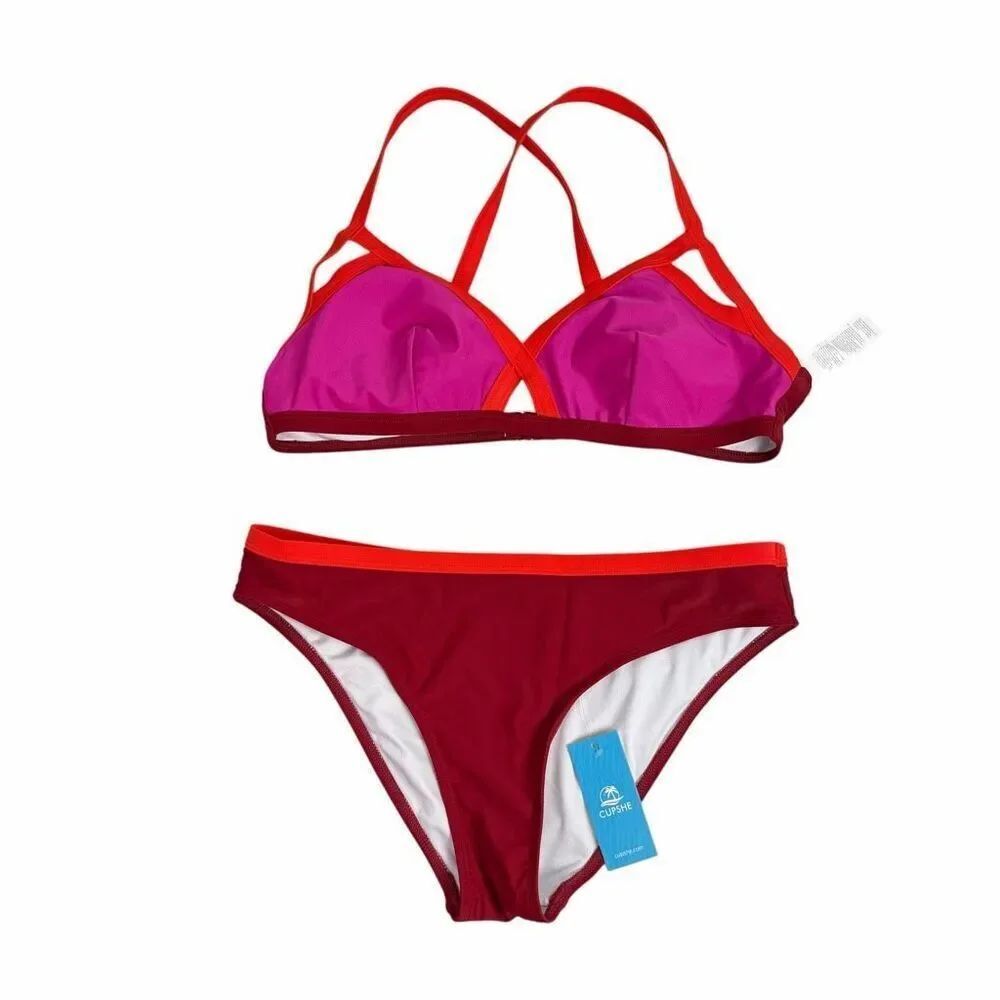 Cupshe Colorblock Medium Bikini Pink Orange Red